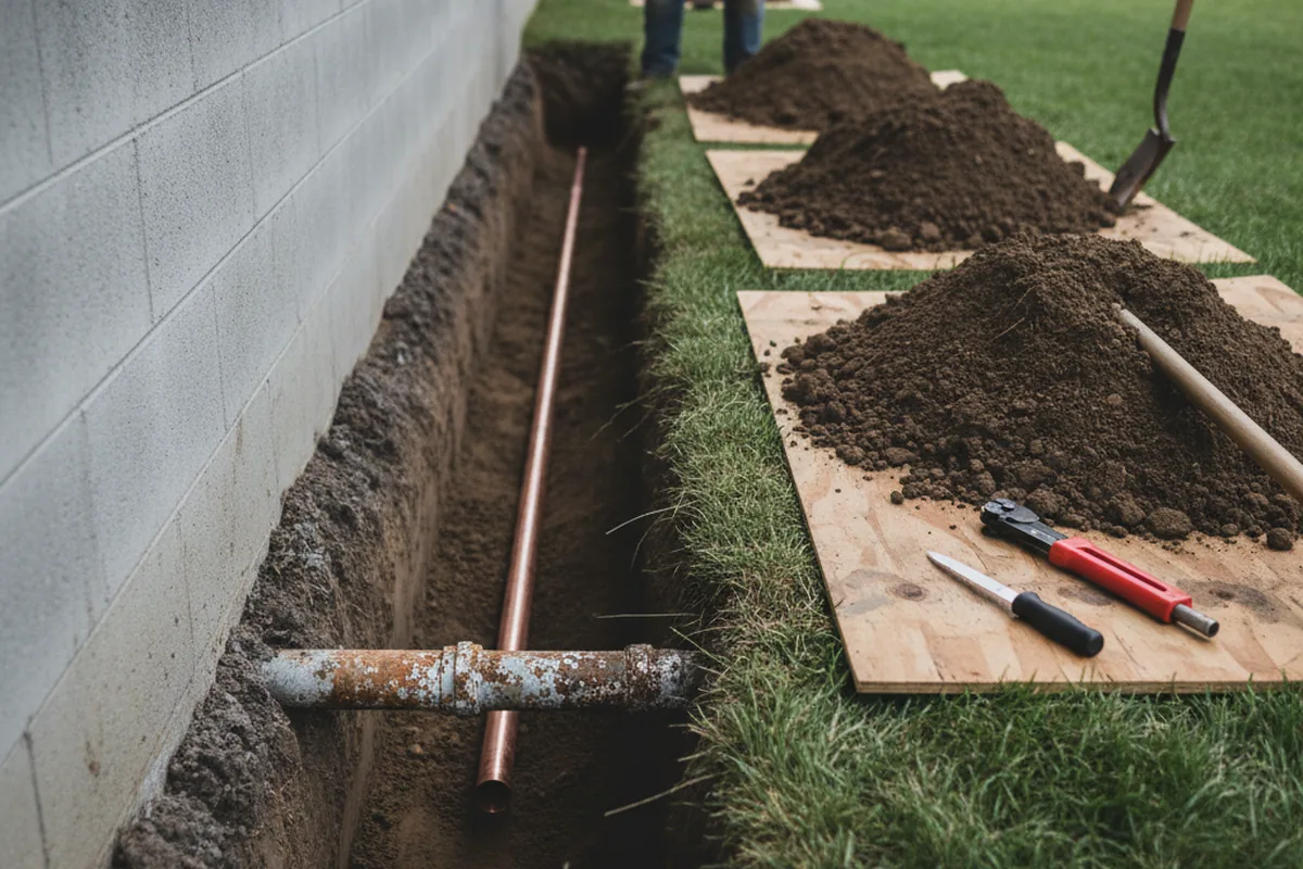 Excavated water line trench during Sewer Line Repair in Hardin